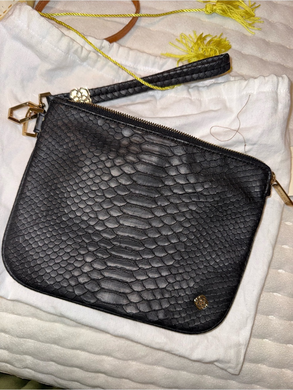 Kendra Scott Black Textured Snake-Embossed Wristlet Clutch with Gold Hardware